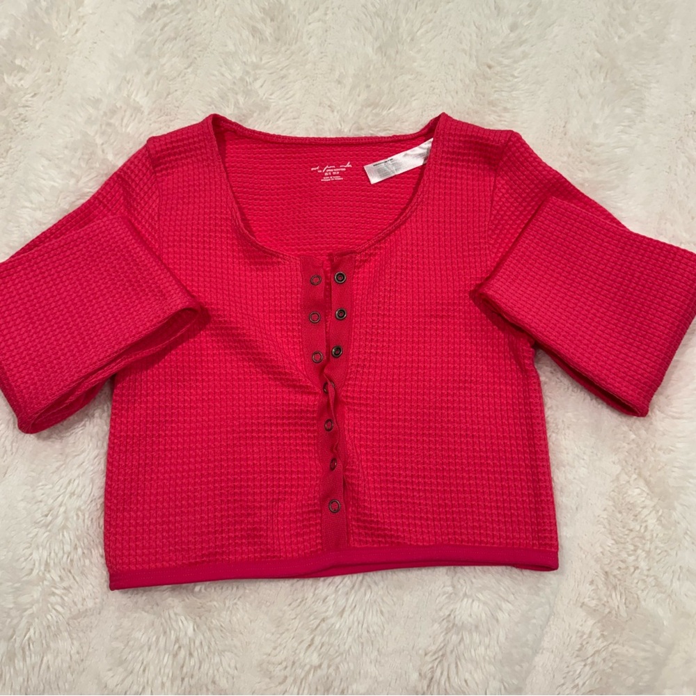 Out From Under Bright Pink Long Sleeve Cropped Top with Buttons